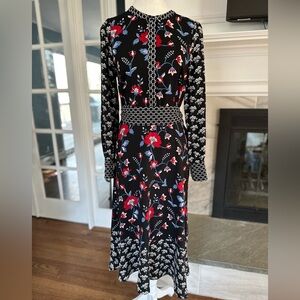 NWOT Talbots Mixed Floral Crepe Midi Flounce Hem Long-Sleeve Dress, Size 2